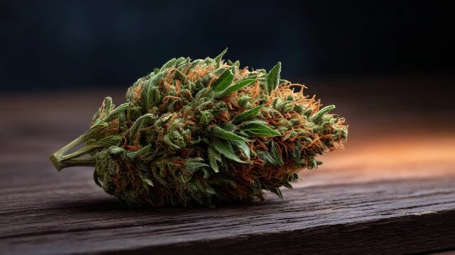 Dried cannabis bud with orange pistil and green leaf trichome detail wooden surface warm moody lighting evokes natural texture and aroma dried cannabis bud with orange pistil and trichome texture