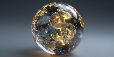 3D rendering of a digital dollar sign inside a glowing world globe with circuit board map, representing global finance and technology.