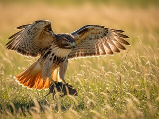 Red-tailed hawk capturing its prey in a golden field.
