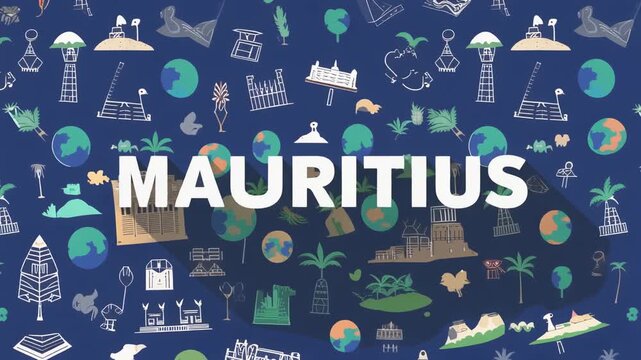 Caribbean blue 2D flat vector pattern with MAURITIUS bold text animation. Seamless loop of island landmarks and tropical nature icons for vacation and travel themes.