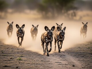 African wild dogs running through dust