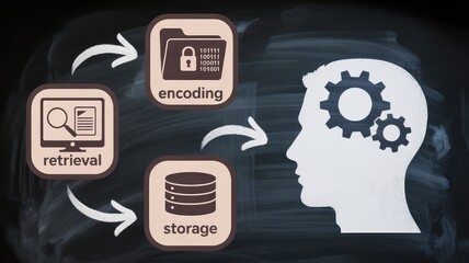 Conceptual diagram illustrating the human memory process showing encoding storage and retrieval of information represented by a human head with gears