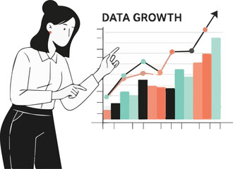 Professional woman presenting vital business data growth insights through a clear and dynamic chart, showcasing financial trends and strategic progress for informed decision-making