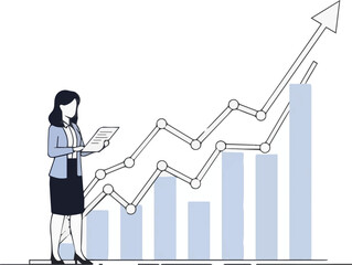 Business Growth and Financial Success Illustrated by Upward Trend Graph and Woman Analyzing Data