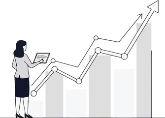 Businesswoman analyzing growth chart with rising arrows, illustrating positive financial performance and upward trend