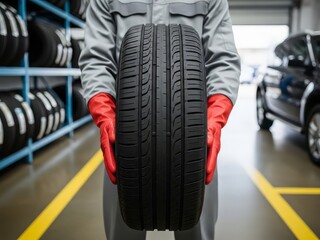 Mechanic in gray uniform and red gloves holding a black tire in a garage with yellow lines and car parts