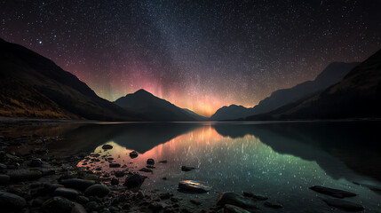 A beautiful night sky with a long, thin line of stars. The sky is filled with stars and the trees are silhouetted against the sky