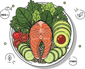 Healthy Salmon and Avocado Salad Bowl with Cherry Tomatoes and Cucumbers for a Balanced Diet