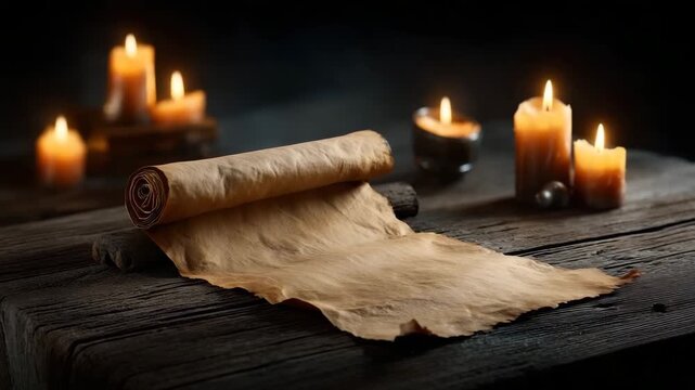 Ancient parchment scroll illuminated by candlelight rustic wooden table creating warm atmospheric scene with rolled paper and melted wax candles, parchment, scroll, candlelight, wooden table