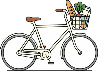 Illustration of a bicycle with a basket full of groceries, ideal for food delivery or sustainable transportation concepts
