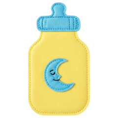Yellow felt baby bottle with sleeping moon on transparent background