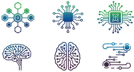 A diverse set of conceptual icons representing artificial intelligence, digital technology, neural networks, data processing, and interconnected systems for modern applications