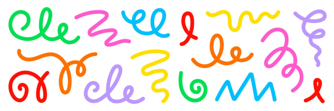 Abstract doodle line shapes and colorful confetti squiggle set. Carnival abstract cute doodle curve confetti design for celebrations, line squiggles, geometric shape elements. Vector illustration