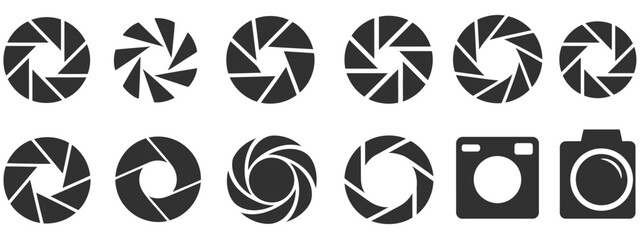 Camera lens diaphragm aperture icon set vector, featuring adjustable shutter blades, photography symbols, and professional optical design elements.