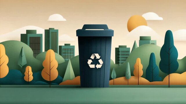 Recycling bin urban park cityscape recycling symbol green environment sustainable waste management outdoor nature skyline conservation eco friendly public space recycling bin with recycle symbol