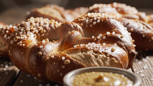 Close-up of a freshly baked pretzel, sprinkled with salt, resting on a wooden surface with a dip