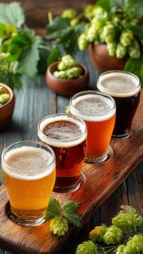 Four craft beer samples in glasses on wooden tray with hops on rustic table. Wooden beer flight board with four labeled Oktoberfest-style beers, concept of brewery tasting
