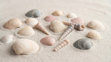 Assorted Seashells and Spiral Shells on Fine Beach Sand Background