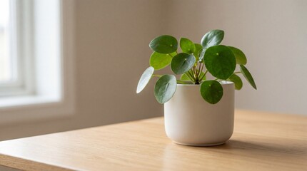 Pilea Peperomioides Houseplant in White Pot on Wooden Table