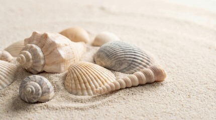 Assorted Seashells on Fine Sand, Beach Background