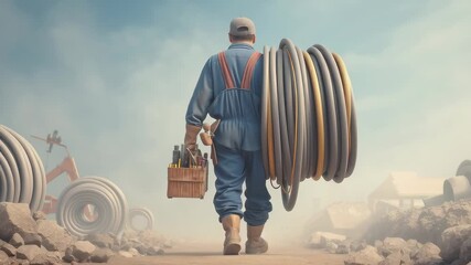 A professional construction worker carrying a large coiled cable and a toolbox at an industrial site, representing utility installation, infrastructure work, and skilled labor.