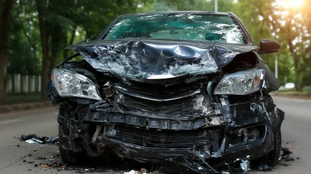 Crashed black sedan front end smashed windshield dented hood broken headlight debris roadway emotional scene after collision tree lined street severely damaged black sedan frontal crash crumpled hood