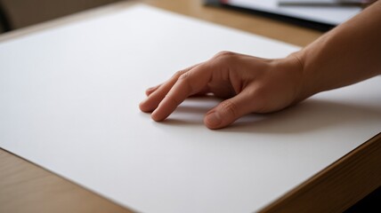 Hand touching blank white paper on wooden desk in office