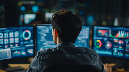 A man and a woman are looking at a computer screen with a lot of numbers and graphs. The woman is wearing a lab coat