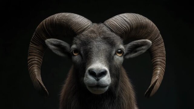 Wild ram portrait black background stoic gaze textured horn ram sheep horn portrait animal livestock mammal wool dark studio isolated head staring close up face flank nature outdoors grazing brown