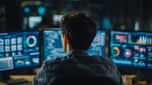 A man and a woman are looking at a computer screen with a lot of numbers and graphs. The woman is wearing a lab coat