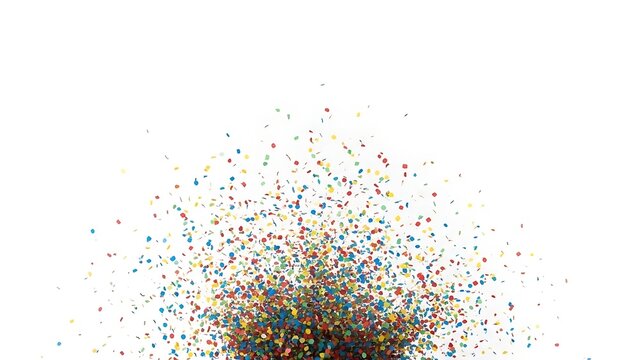 A vibrant burst of colorful, tiny particles scattering against a clean white background, creating an abstract and dynamic visual effect.
