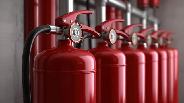 Fire extinguisher row of red cylinders with metal valves and hoses industrial storage area showing safety equipment and fire suppression readiness practical protective detail utilitarian design red