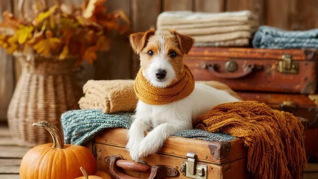 Cute dog in scarf lying on vintage suitcase with pumpkins and cozy autumn decor. Pet Travel Tips for Thanksgiving. Pet-Friendly Thanksgiving Travel Ideas