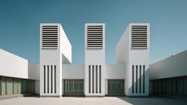 Minimalist modern architecture ventilation tower trio, white facade and concrete courtyard with geometric symmetry, vertical window slit and ventilation louver blue sky, architectural detail