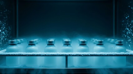 Rows of medical vials stored in an ultra-low temperature freezer, surrounded by frost and vapor.