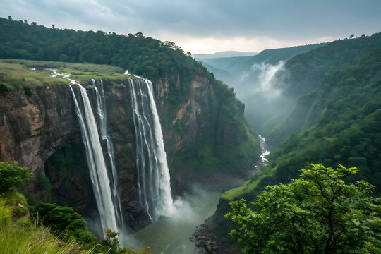 Jog Falls cascading geometric lines, deep green cliffs