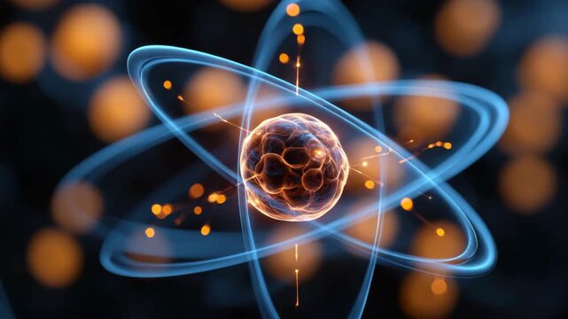 Glowing atomic nucleus with orbiting electrons and electron paths, energy particles and sparks, glowing particle orbit motion, glowing golden molecular science vibes, vibrant blue and orange