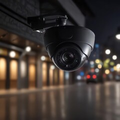 Security camera with night mode display blurred background with bokeh effect, shining bright lights in dark surroundings ,  security systems,  digital technology