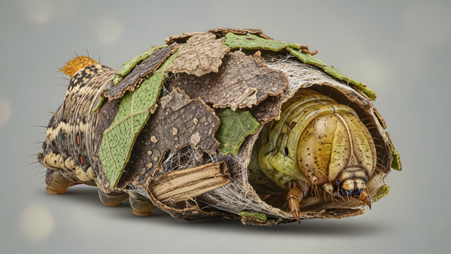 Close up of bagworm cocoon made from leaves and debris