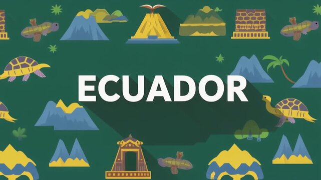 Forest green 2D flat vector pattern with ECUADOR bold text animation. Seamless loop featuring giant turtles, volcanoes, and nature icons for South American travel.