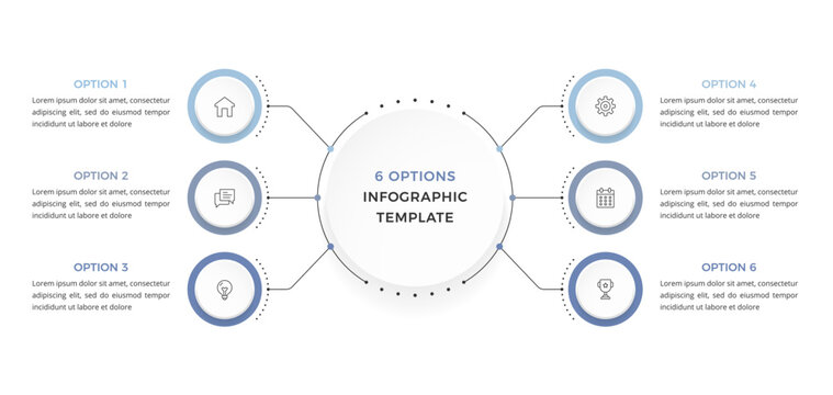 Six option infographic template with a central circle connected to circular elements presenting a structured business or presentation layout