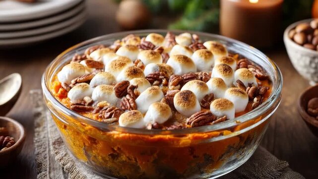 Sweet potato casserole with toasted marshmallows and pecans on tablecloth. autumn holiday food concept, concept of holiday dessert