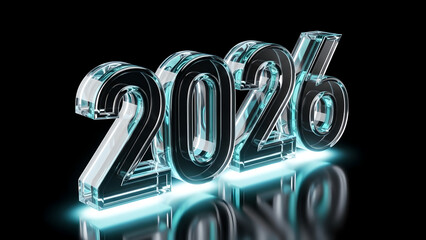 Three dimensional rendering of the number twenty twenty six prominently displayed in glowing cyan glass against a dark background
