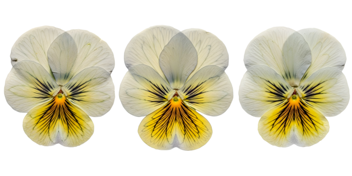 Three white and yellow pansy flowers isolated on transparent background - Powered by Adobe