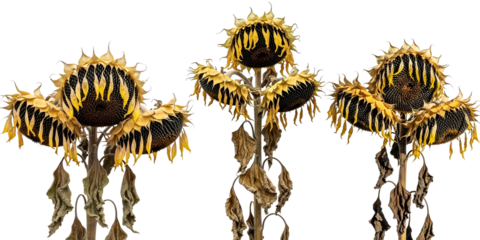 Three wilted sunflowers with dry leaves isolated on transparent background