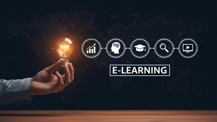 Hand holding bright glowing lightbulb symbolizing innovation idea connected to global e-learning concept and digital education icons