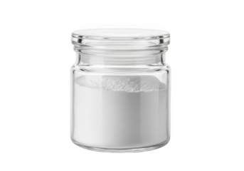Clear glass jar filled with white powder, perfect for cosmetics or pharmaceutical packaging, isolated on transparent background