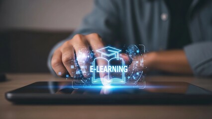 Person interacting with a glowing digital e-learning icon displayed on a tablet screen representing modern online education and knowledge acquisition.
