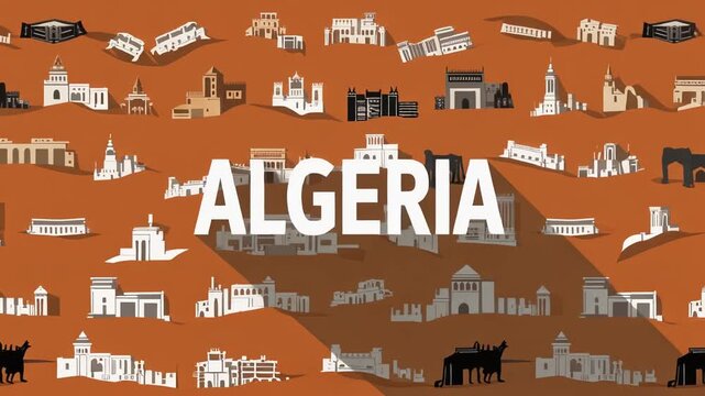 Desert orange 2D flat vector pattern with ALGERIA bold text animation. Seamless loop of historical landmarks and cultural icons for North African travel themes.