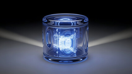 A glowing blue 3d edge computing concept visualized within a transparent cylinder, representing high-speed data processing.